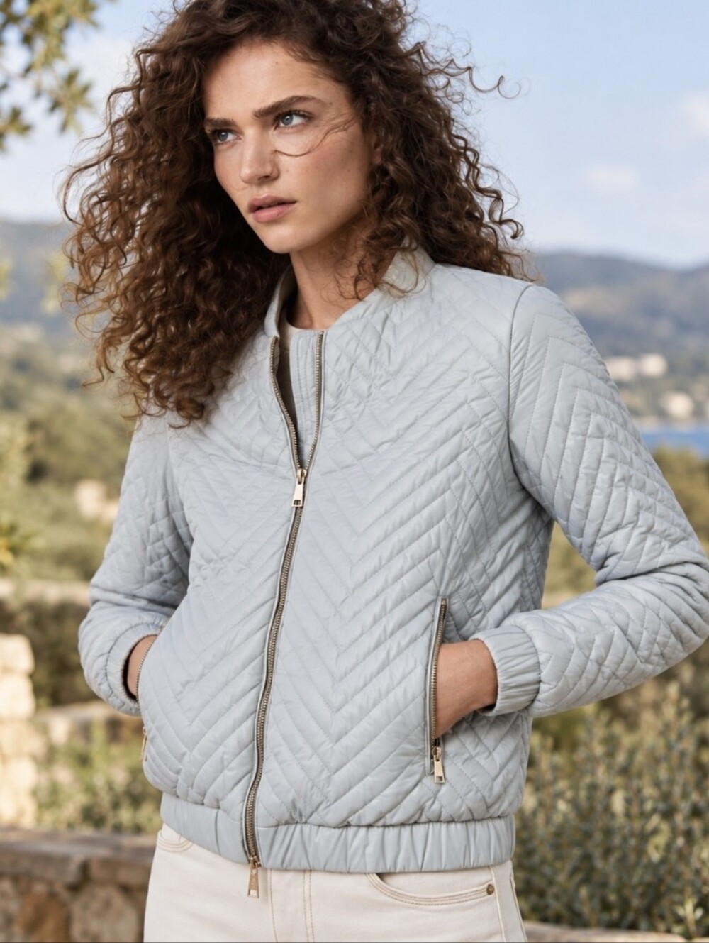 Massimo Dutti Quilted Bomber Jacket Women's Sz M Light Grey Zip Pockets